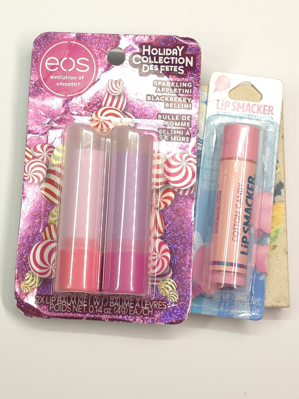 3pc eos Holiday Lip Balm Set + Lip Smacker Cotton Candy Bundle